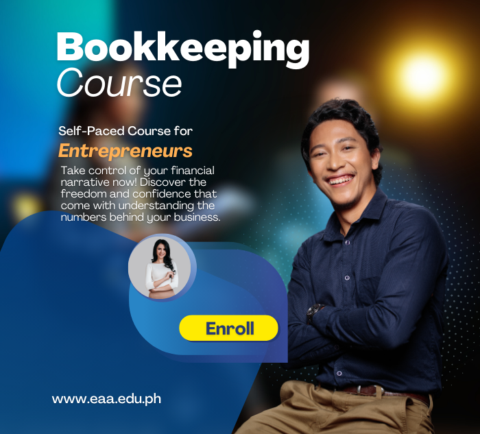A smiling young man and woman dressed in casual blue long sleeves and khaki trousers, representing entrepreneurs, with the title "Bookkeeping for Entrepreneurs" above them.